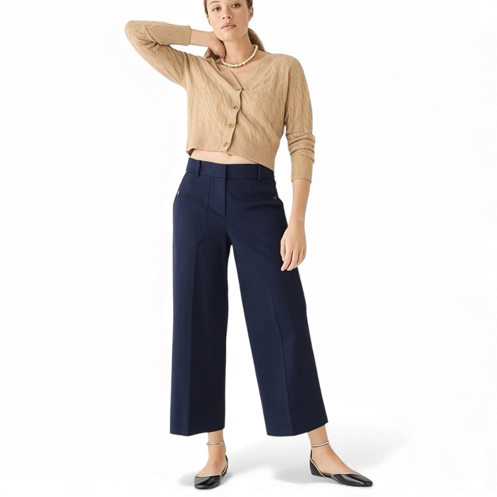 J Crew Sydney Wide Leg Pants Sz 10 Petite Bi-Stretch Cropped Navy Blue Office  